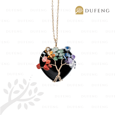 Dufeng - Chakra Bloom Heart Crystal Necklace - Black Obsidian